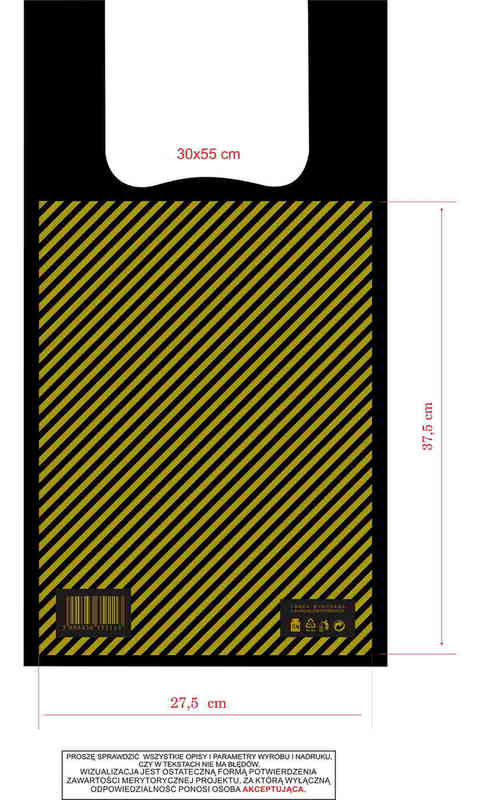 Torba foliowa LDPE koszulka 30x9x55cm żółto-czarna w paski, opakowanie 50 sztuk