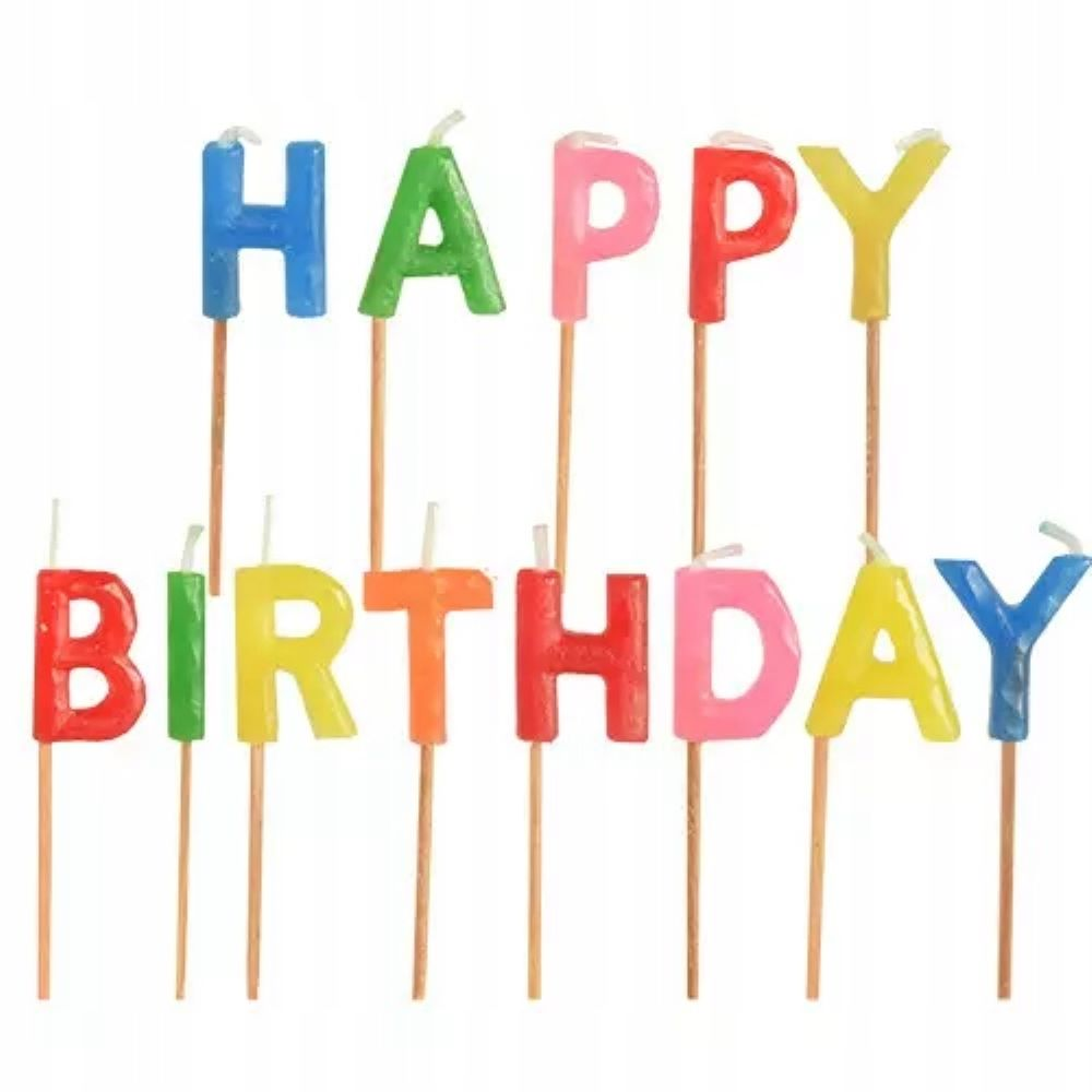 Zestaw świec urodzinowych w kształcie liter HAPPY BIRTHDAY, kolorowe, wysokość 8cm.