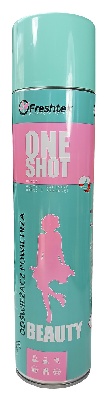 Odświeżacz FRESHTEK BEAUTY 600ml ONE SHOT w aerozolu, turkusowo-różowe opakowanie na białym tle.