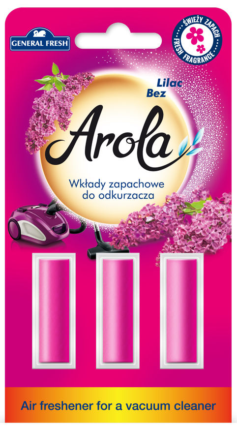 Wkłady zapachowe Arola do odkurzacza Lilac Bez, trzy różowe sztuki w opakowaniu.