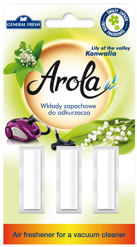 Wkłady zapachowe Arola Konwalia do odkurzacza, opakowanie z trzema wkładami, zapach lilii konwalii.