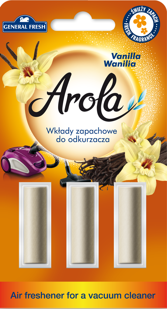 Wkłady zapachowe Arola do odkurzacza o zapachu wanilii, trzy sztuki w opakowaniu, produkt General Fresh.