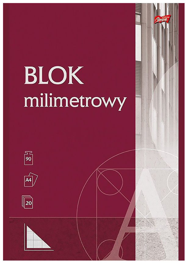 Blok milimetrowy A4 20 kartek o gramaturze 90 g/m2, burgundowa okładka kredowa z nadrukiem.