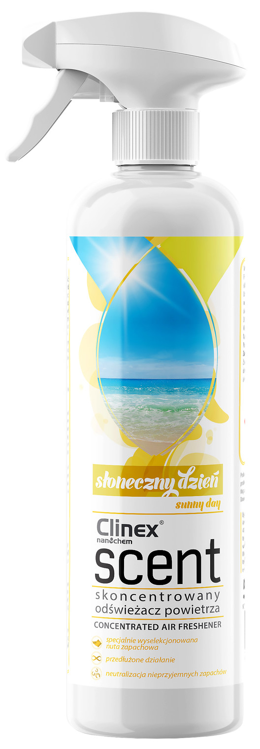 Clinex Scent 500ml odświeżacz powietrza Słoneczny Dzień w białej butelce ze spryskiwaczem, niebiesko-żółta etykieta z morzem.
