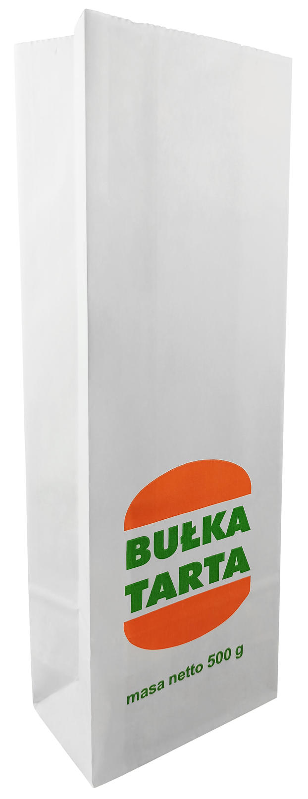 Papierowa torebka do pakowania biała z nadrukiem Bułka Tarta masa netto 500g wymiary 9x5,5x26cm