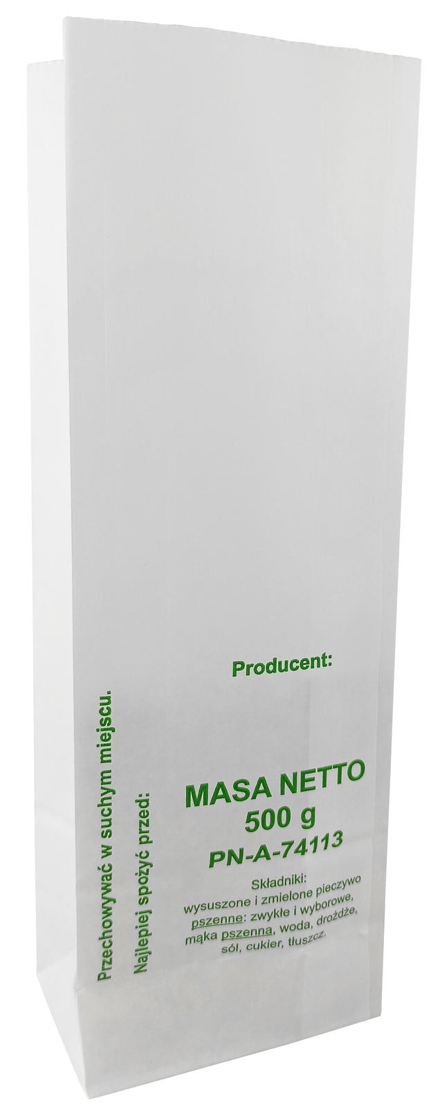 Papierowa torebka do pakowania biała z nadrukiem Masa Netto 500g, wymiary 9x5,5x26cm, z atestem do kontaktu z żywnością