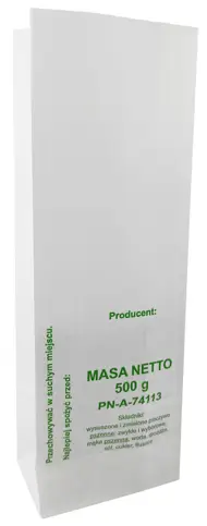 Torebki papierowe BUŁKA TARTA 0,5KG 10kg (WĄSKA) Biała z atestem 9x5,5x26cm WĄSKA KLOCKOWA