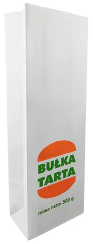 Torebki papierowe BUŁKA TARTA 0,5KG 10kg (WĄSKA) Biała z atestem 9x5,5x26cm WĄSKA KLOCKOWA Papierowe torebki z nadrukiem "Bułka tarta", to idealne rozwiązanie w handlu i przemyśle piekarniczym. Produkt bardzo estetyczny, wykonany z białego papieru, torebki z przeznaczeniem do pakowania bułki tartej. Opakowania posiadają atest do kontaktu z ż...