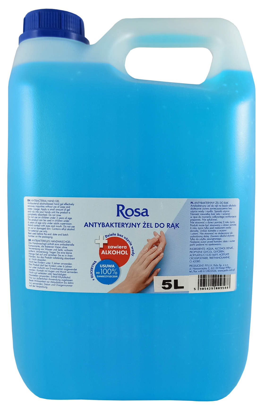 ROSA antybakteryjny żel do rąk 5L w niebieskim opakowaniu z uchwytem, zawiera alkohol i glicerynę.