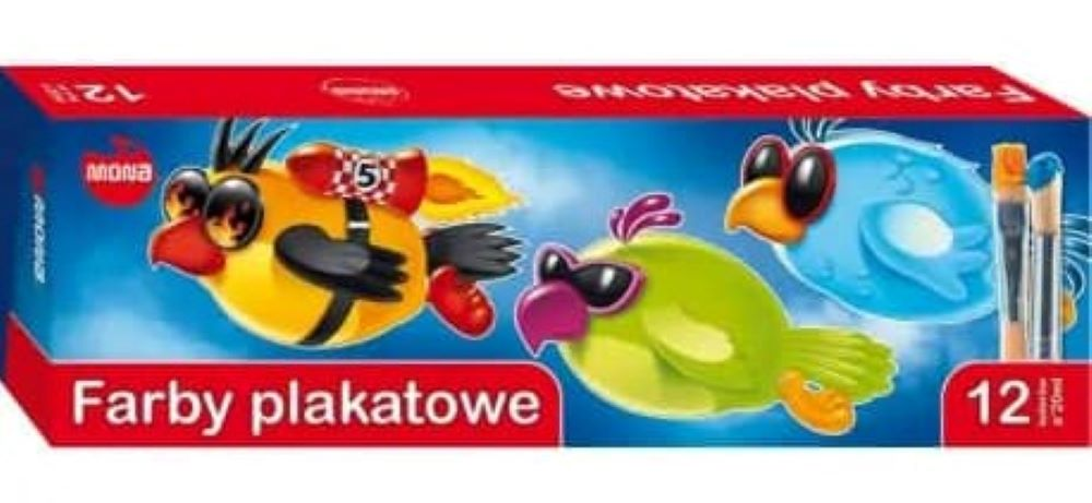 Farby plakatowe do malowania na papierze, kartonie, drewnie, nieglazurowanej ceramice i kamieniu. Są niezwykle wydajne i cechują się soczystymi i niezwykle intensywnymi barwami. Opakowanie zawiera 12 kolorów x 20ml.