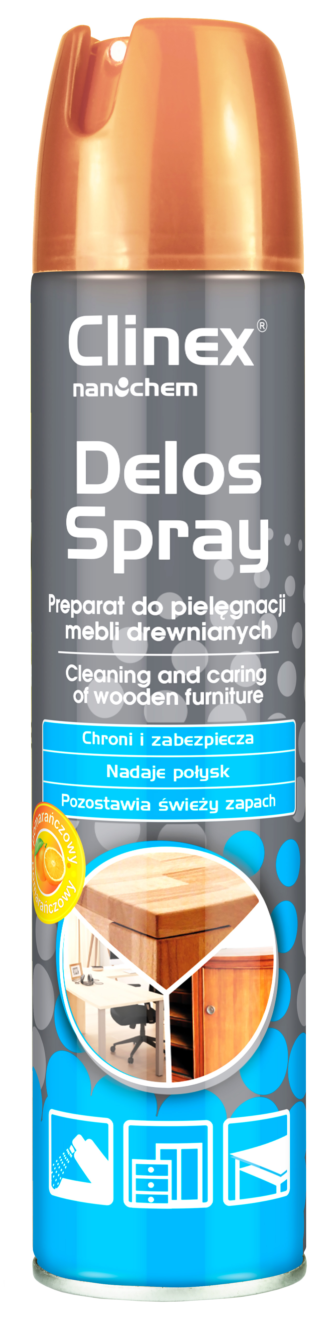 CLINEX Delos Spray 300ml Pielęgnacja mebli drewnianych CLINEX Delos Spray 300ml preparat do pielęgnacji mebli drewnianych w aerozolu z pomarańczą