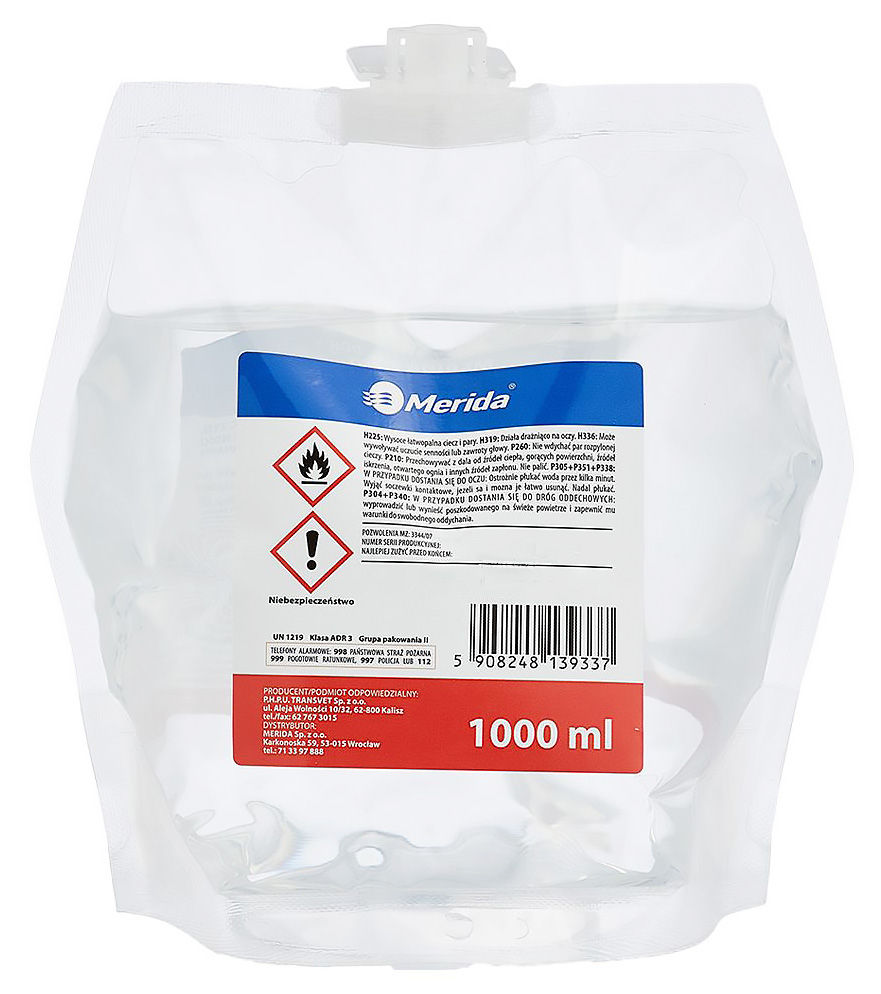 Płyn dezynfekcyjny Merida Polana 1000ml DDR+ wkład do dozownika, preparat alkoholowy do dezynfekcji rąk.