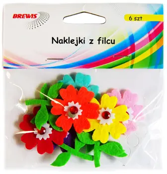 Naklejki z Filcu KWIATKI 6sztFVC05 Naklejki z filcu kwiatki w kolorach czerwonym, żółtym, różowym i zielonym, 6 sztuk