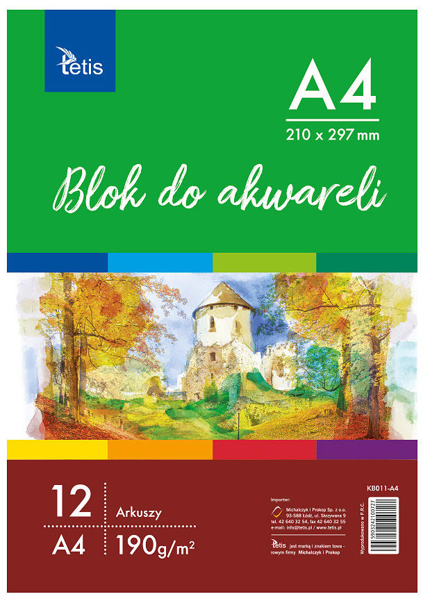 Blok do AKWARELI A4 12kartTetis Blok do akwareli Tetis A4 12 kartek 190g/m2, papier prasowany na zimno do malowania farbami wodnymi
