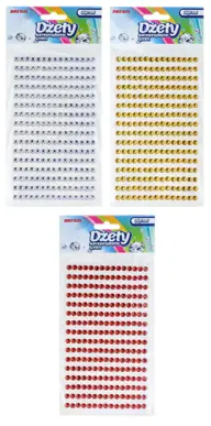 Dżety samoprzylepne 4mm w opakowaniu 240 sztuk, srebrne, złote i czerwone na arkuszach.