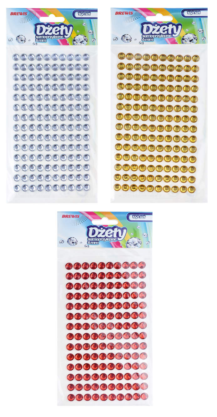 Dżety Samoprzylepne 6mm 140sztDS20-DS21-DS22 Dżety samoprzylepne 6mm 140 sztuk w blistrze, kryształki w kolorze jasnym do dekoracji