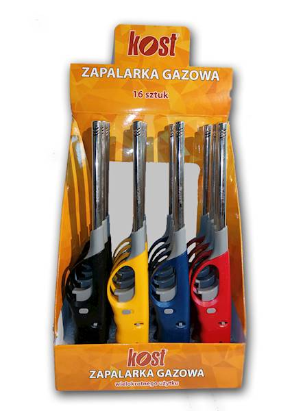Zapalarka gazowa KOST ZG-01, zestaw 16 sztuk w kolorach czarnym, żółtym, niebieskim i czerwonym, opakowanie zbiorcze.