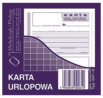 DR KU Karta Urlopowa507-6 Druki akcydensowe przeznaczone do wypełniania, wykorzystywane w czynnościach urzędowych, handlowych. Niezbędne w funkcjonowaniu firm, urzędów i innych jednostek zgodnie z obowiązującymi normami prawnymi.