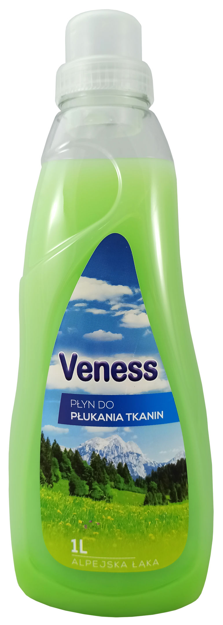 Płyn do płukania tkanin Veness 1l koncentrat Alpejska Łąka, zielony.