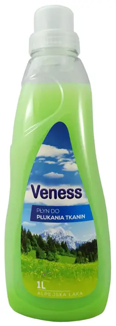 Płyn do płukania tkanin Veness 1l koncentrat Alpejska Łąka, zielony.