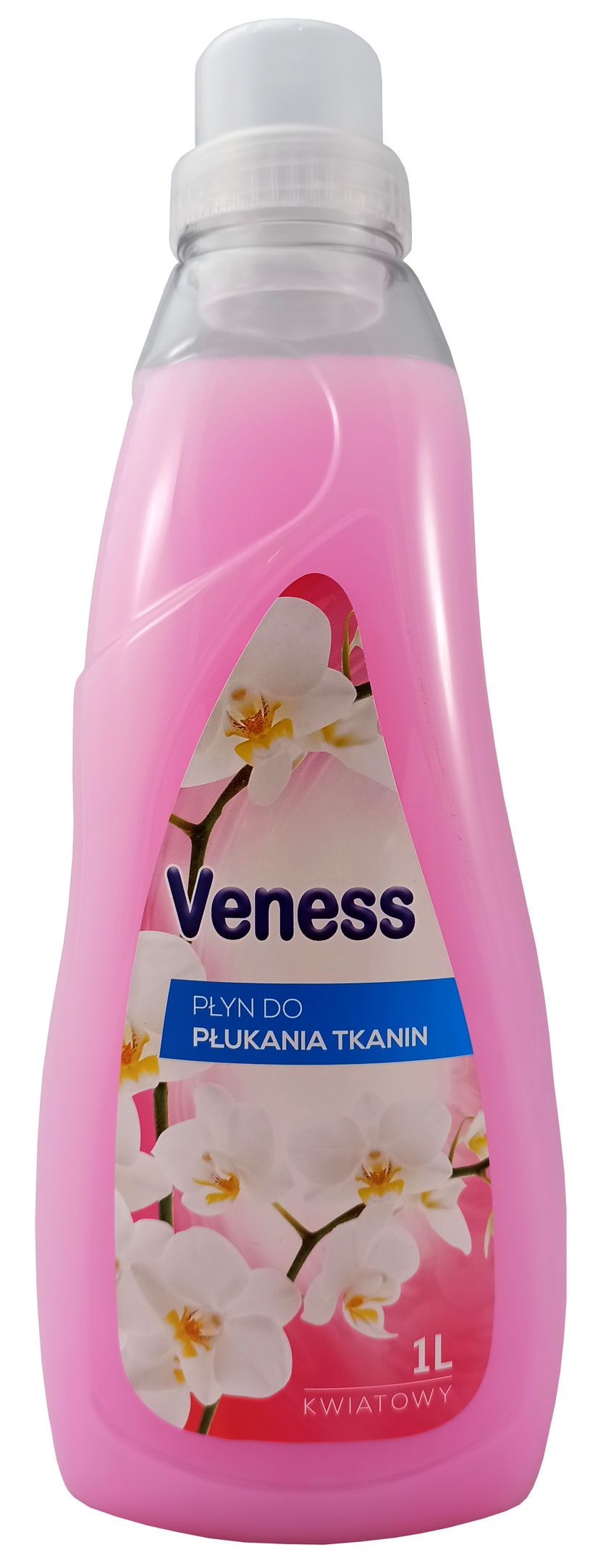 Płyn do płukania tkanin Veness 1l koncentrat kwiatowy, różowy opakowanie z etykietą