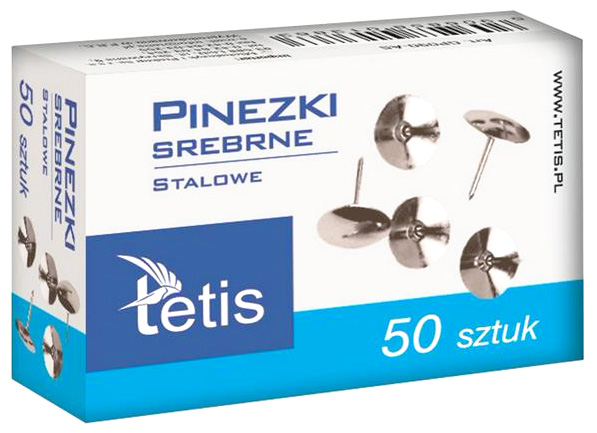 Pinezki srebrne stalowe Tetis 50 sztuk w pudełku, z metalowymi główkami.