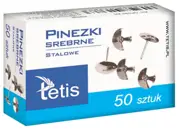 Pinezki srebrne stalowe Tetis 50 sztuk w pudełku, z metalowymi główkami.