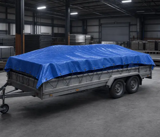 Plandeka niebieska polietylenowa mocująca ładunek na przyczepie transportowej w hali magazynowej.