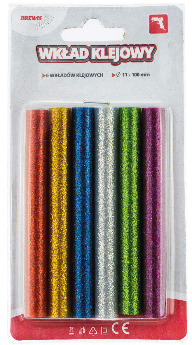 Wkład klejowy do pistoletu na gorąco 11mm x 100mm, 6 sztuk w kolorach brokat mix, opakowanie BREWIS