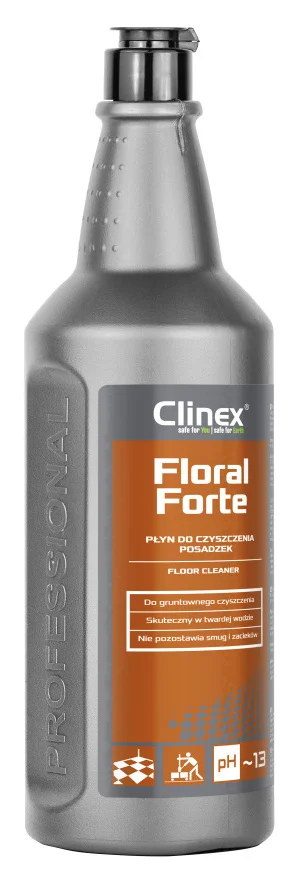 CLINEX Floral FORTE płyn do czyszczenia podłóg 1L w butelce z pomarańczową etykietą.