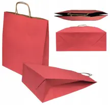 Torba papierowa klockowa czerwona ze skrętnymi uchwytami papierowymi, różne ujęcia