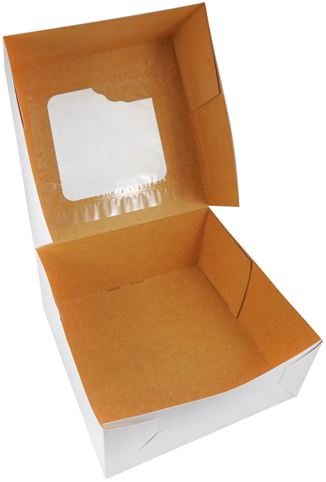 Karton na tort 22x22x11 cm biały otwarty, widok wnętrza brązowego kartonu i okienka w wieku.