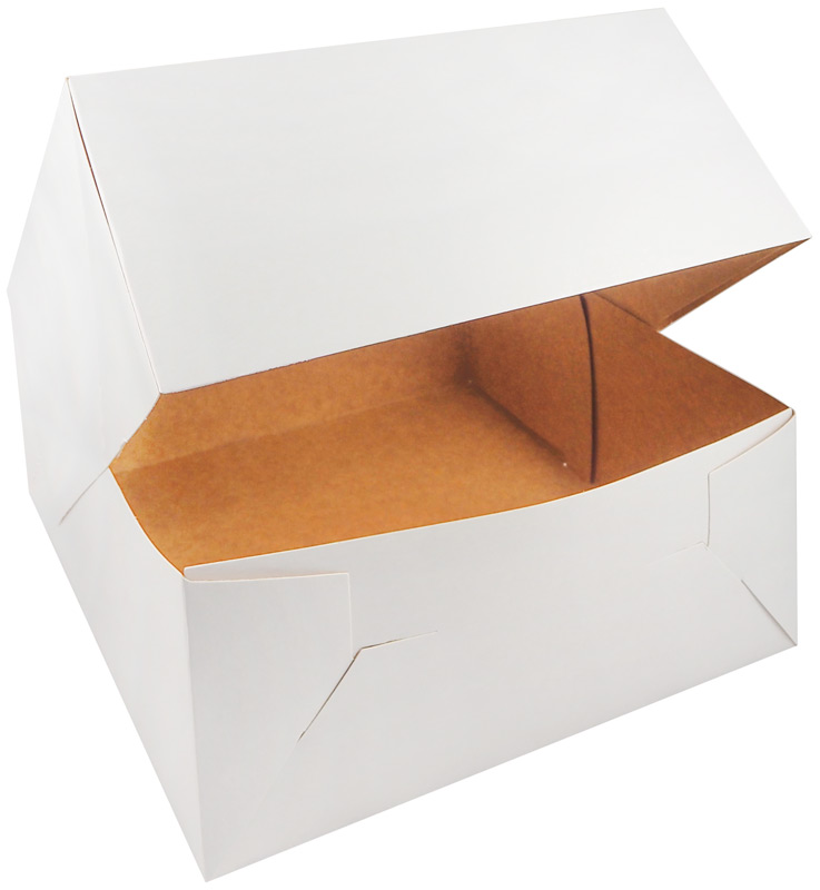 Karton na tort 22x22x11 cm biały rozłożony z uniesioną pokrywą, pokazujący pojemność i brązowe dno.