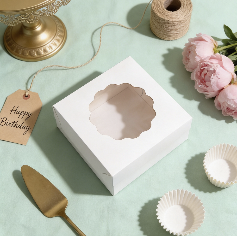 Karton na tort z okienkiem na stylu flat lay z kwiatami, wstążką i akcesoriami cukierniczymi.
