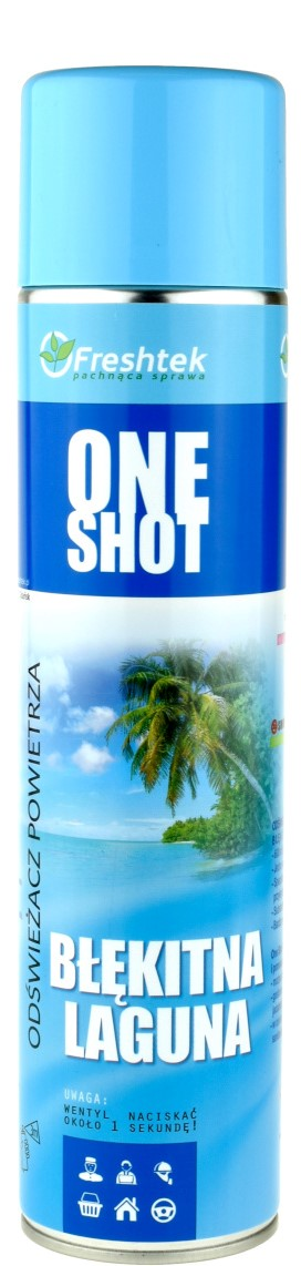 Odświeżacz FRESHTEK Błękitna Laguna 600ml ONE SHOT w aerozolu z błękitno-białym opakowaniem na białym tle.