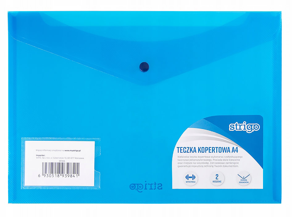Teczka kopertowa na dokumenty, format: A4. Trwała i elegancka teczka wykonana z półprzezroczystego polipropylenu. Posiada zatrzask, który chroni przed wypadnięciem dokumentu oraz 2 kieszenie.