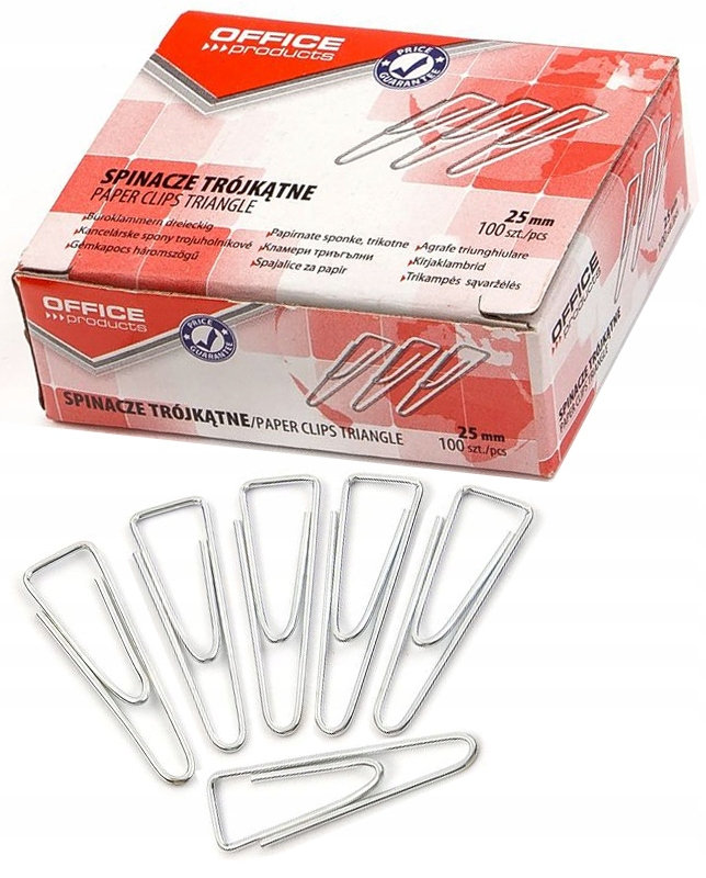 Spinacze biurowe 28mm trójkątne w opakowaniu 100 sztuk, metalowe, srebrne