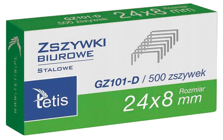 Zszywki biurowe stalowe 24x8mm 500 sztuk Tetis GZ101-D w pudełku