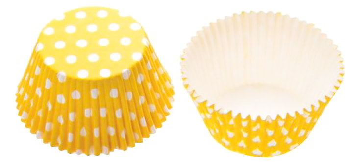 Papilotka POLKA żółta w białe groszki 50x32 mm, 12 sztuk, do pieczenia i dekoracji wypieków.