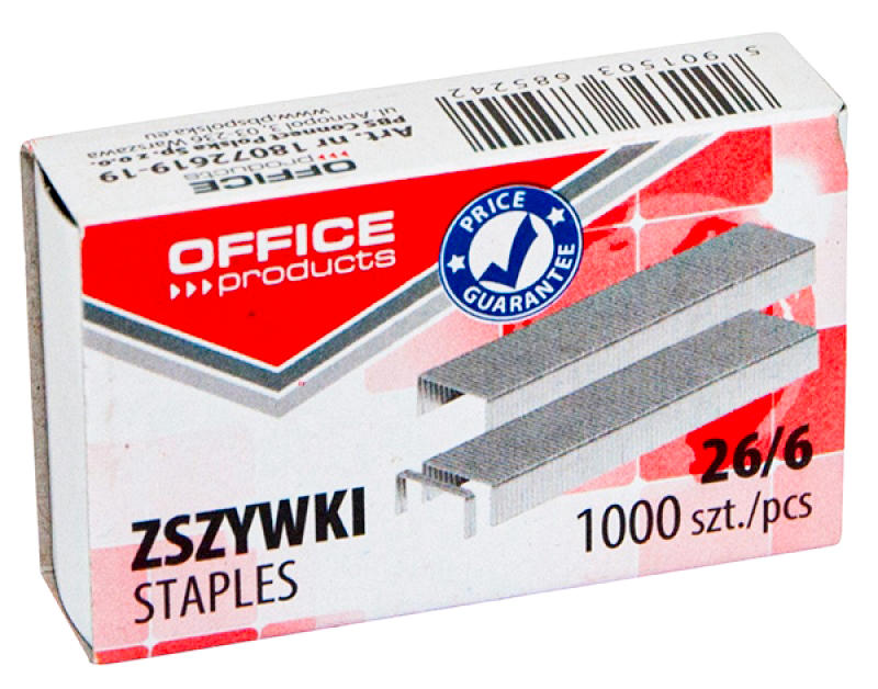 Zszywki biurowe 26/6 1000 sztuk Office Products w opakowaniu kartonowym