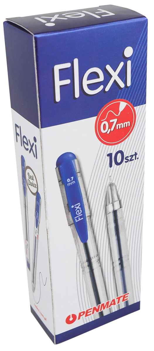 Długopis FLEXI Penmate 0,7mm z niebieską obudową, srebrnym gryfem i czarnym końcem pisania, opakowanie 10 sztuk