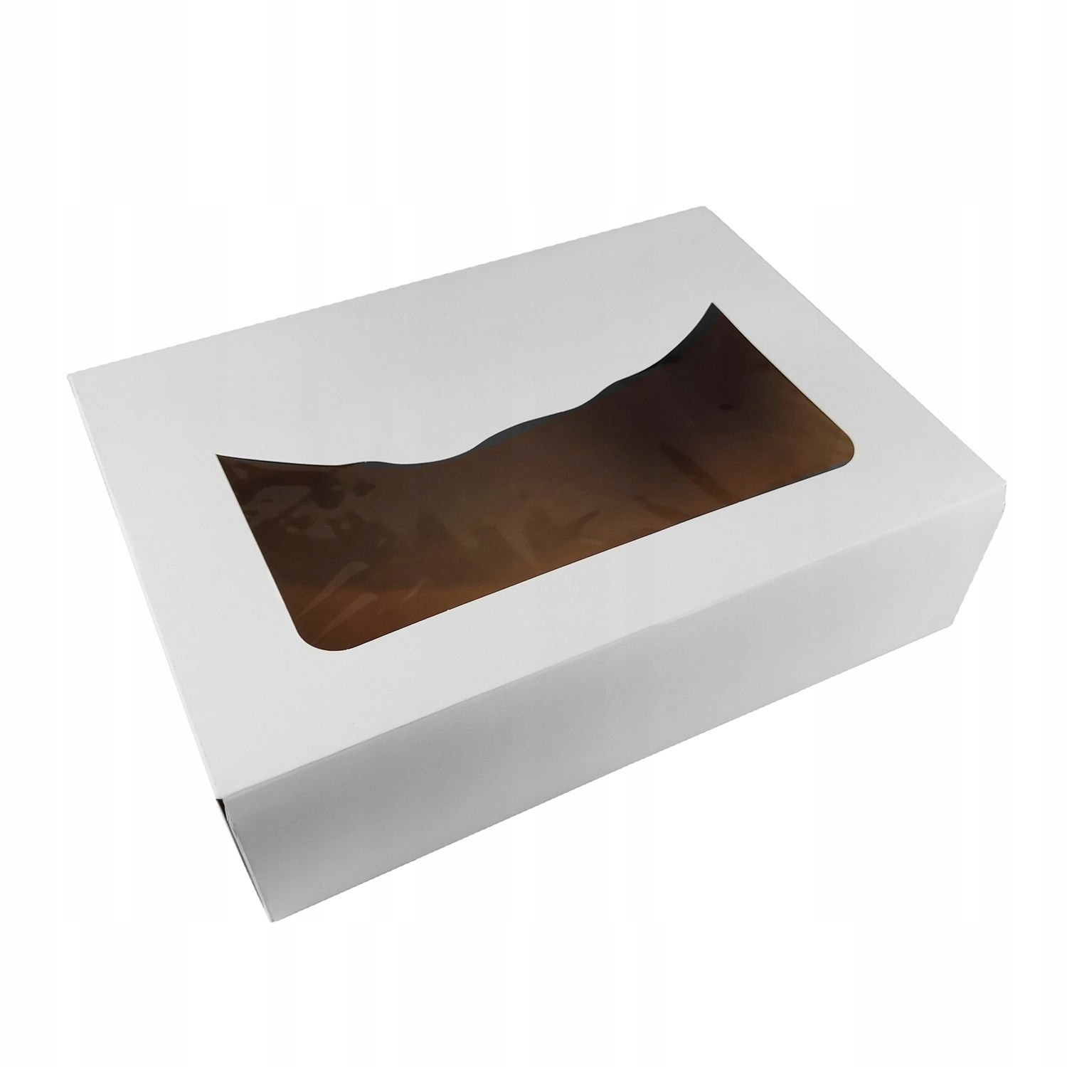 Karton na tort 31x22x8 cm jednoczęściowy biały z oknem do transportu ciast.