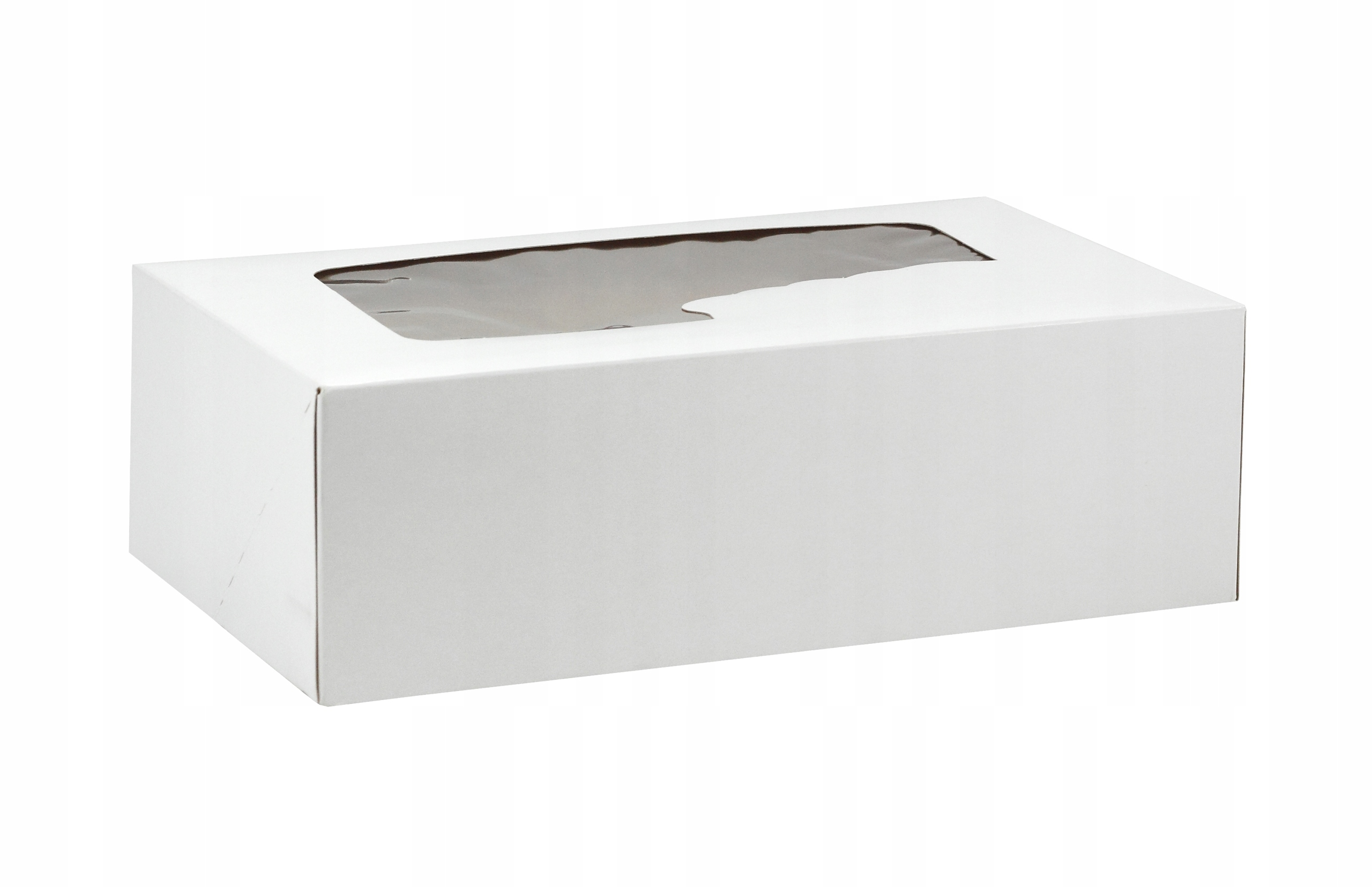 Karton na tort 31x22x8 cm jednoczęściowy biały z oknem do transportu ciast.