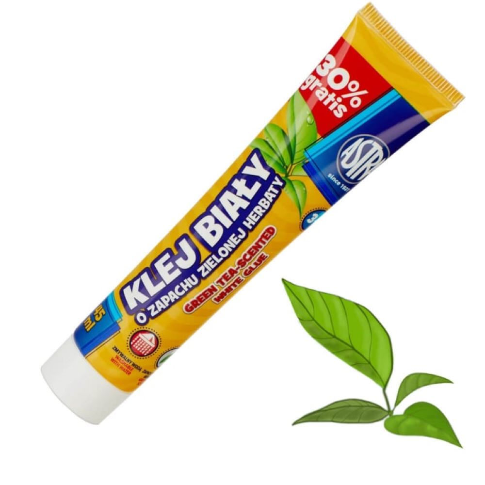 Klej biały ASTRA 45ml o zapachu zielonej herbaty w żółtej tubie z białym wieczkiem.