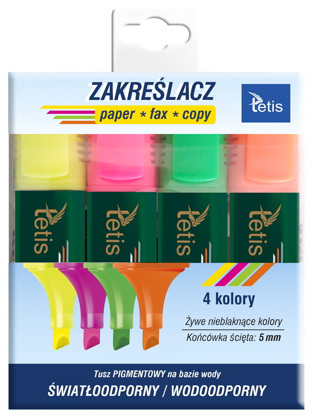 Zakreślacz TETIS zestaw 4 kolorów - żółty, różowy, zielony, pomarańczowy w opakowaniu