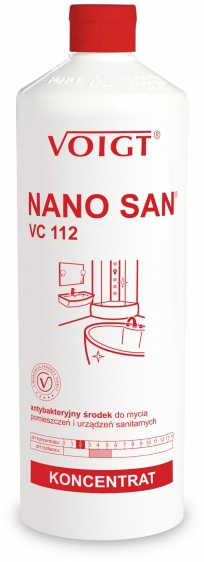 VOIGT NANO SAN VC 112 koncentrat do czyszczenia łazienek 1L w białej butelce z czerwoną etykietą.