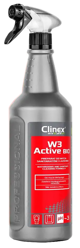CLINEX W3 Active BIO 1LPłyn do łazienek Delikatny, kwaśny preparat myjący na bazie kwasu cytrynowego do codziennego mycia sanitariatów. Bezpieczny dla każdego rodzaju powierzchni, w tym elementów emoliowanych, akrylowych, chromowanych, niklowanych, plastikowych. Skutecznie usuwa typowe, nies...
