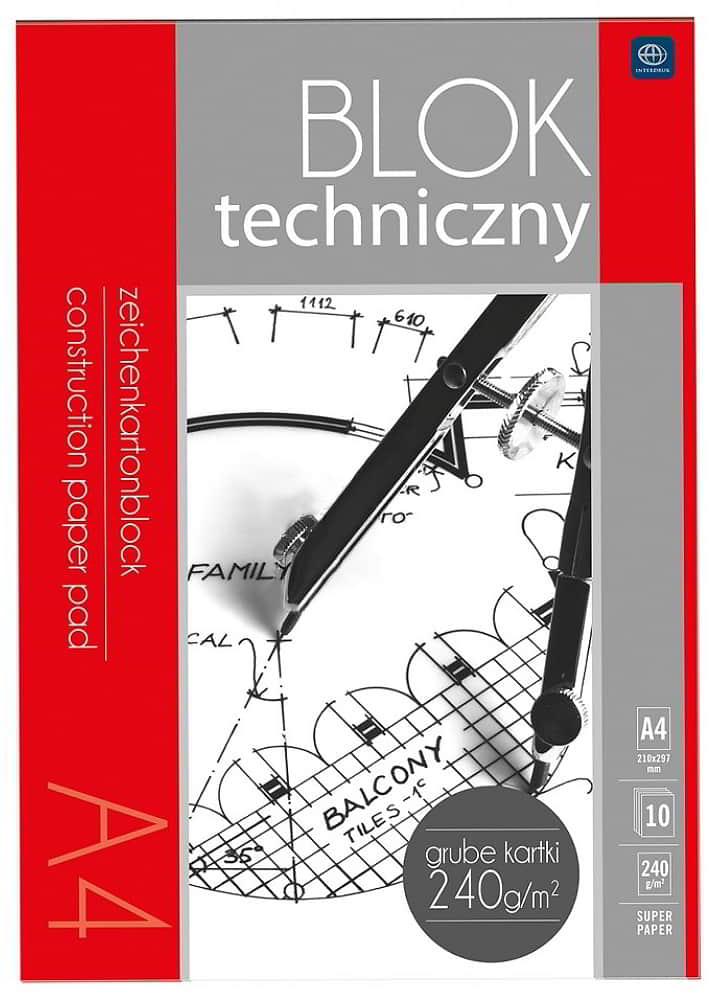 Blok Techniczny A4 Premium, format A4, 10 kartek o gramaturze 240 g, różne wzory okładek.