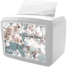 Plastikowy dyspenser do serwetek TAKE ONE. Wykonany z białego plastiku. Boczne ścianki wykonane podwójnie, co pozwala umieścić własną etykietę z logiem. Pojemność dyspensera: 200 serwetek.

