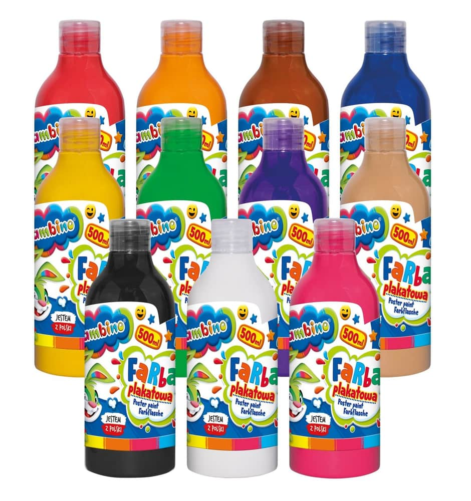 Farby plakatowe Bambino 500ml w różnych kolorach: czerwona, pomarańczowa, brązowa, niebieska, żółta, czarna, biała i różowa.